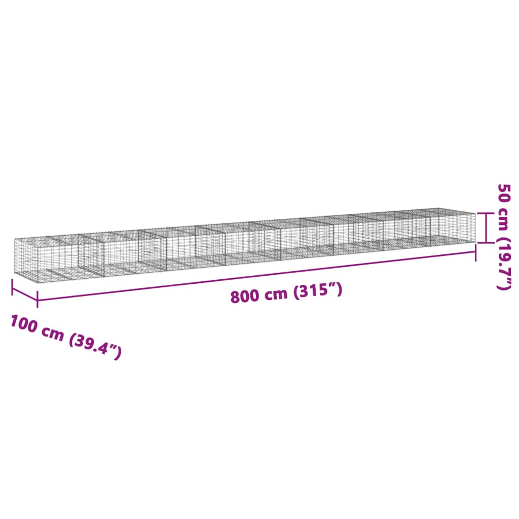 Panier gabion avec couvercle 800x100x50 cm fer galvanisé