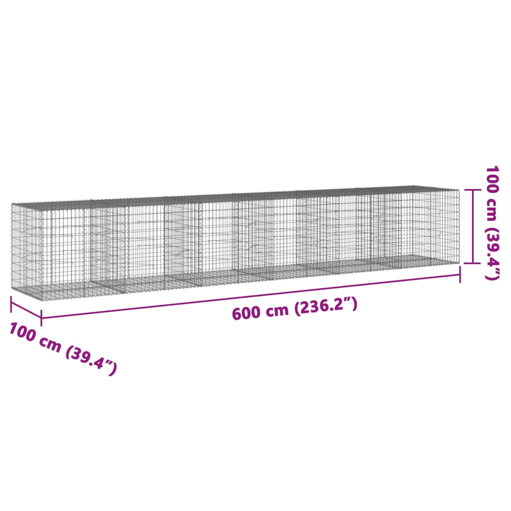 Panier gabion avec couvercle 600x100x100 cm fer galvanisé