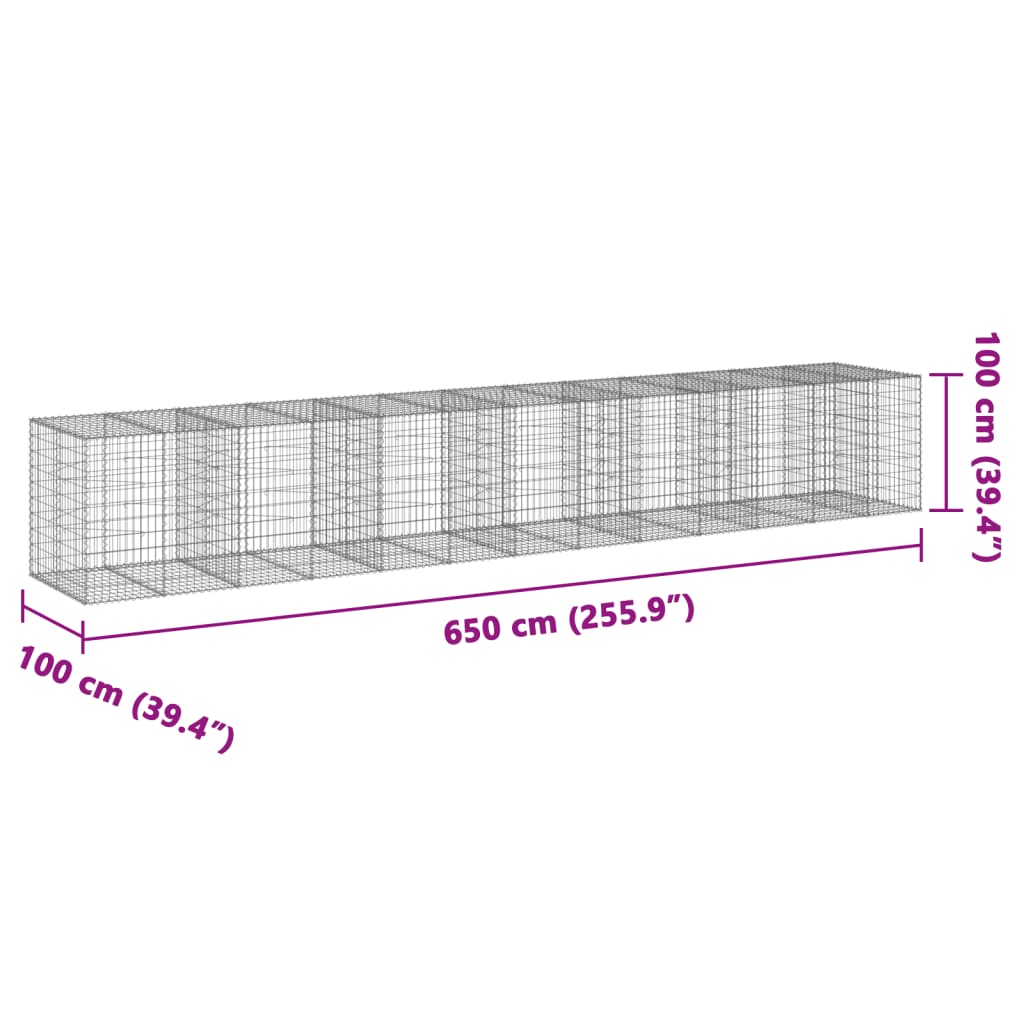 Panier gabion avec couvercle 650x100x100 cm fer galvanisé