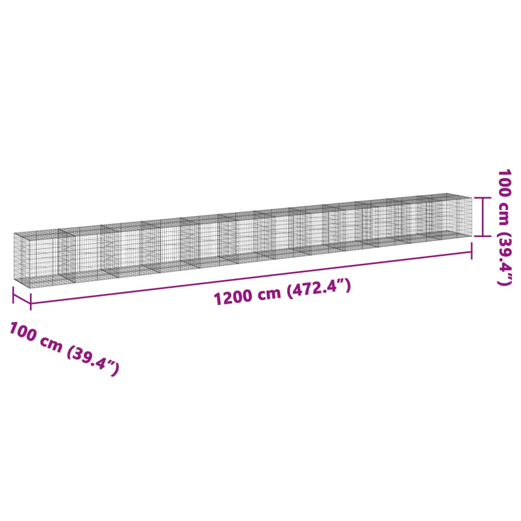 Panier gabion avec couvercle 1200x100x100 cm fer galvanisé