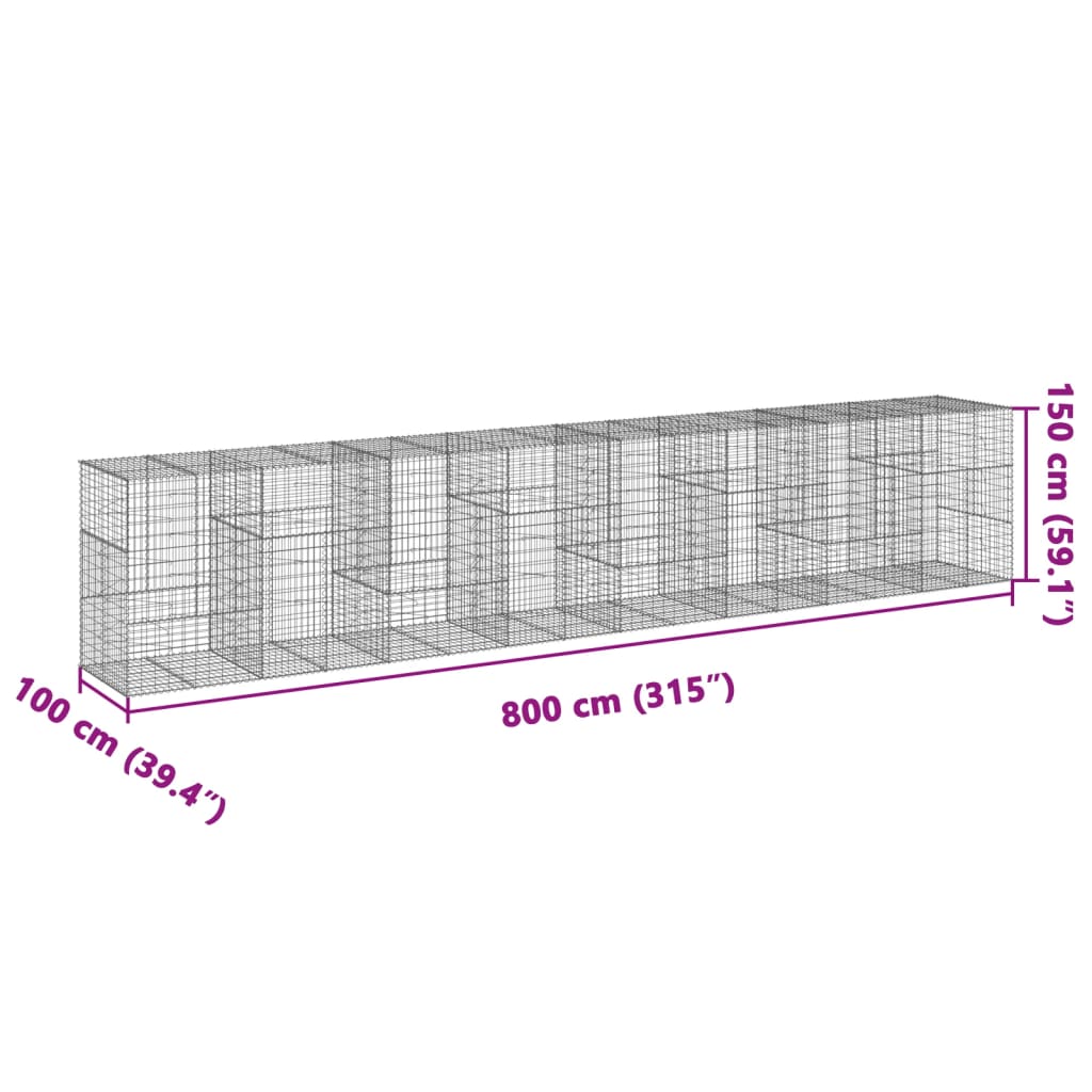 Panier gabion avec couvercle 800x100x150 cm fer galvanisé