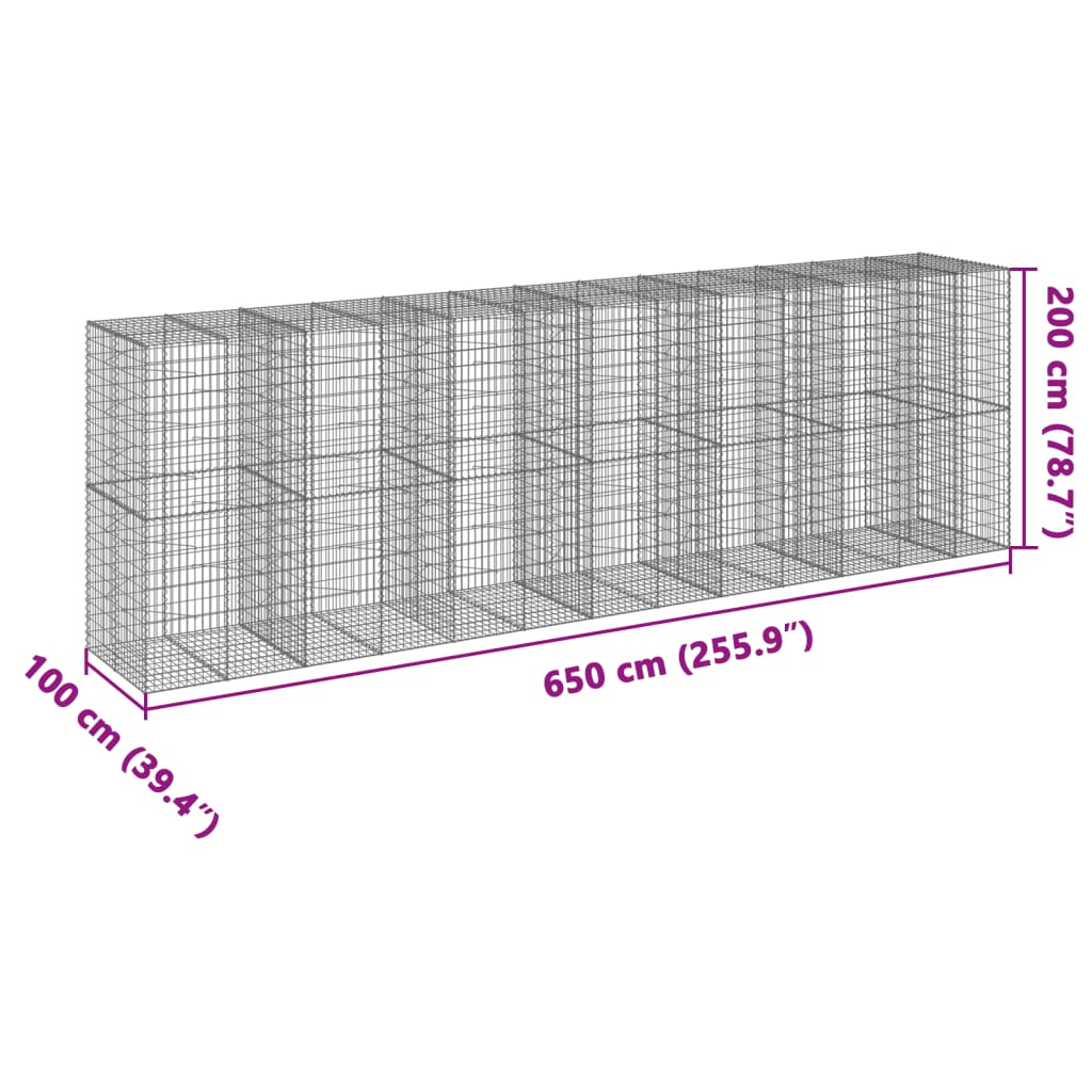 Panier gabion avec couvercle 650x100x200 cm fer galvanisé