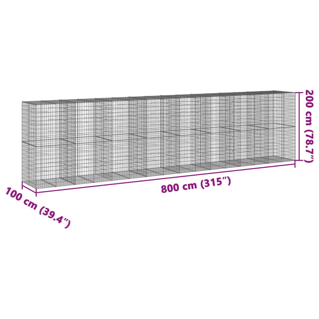 Panier gabion avec couvercle 800x100x200 cm fer galvanisé