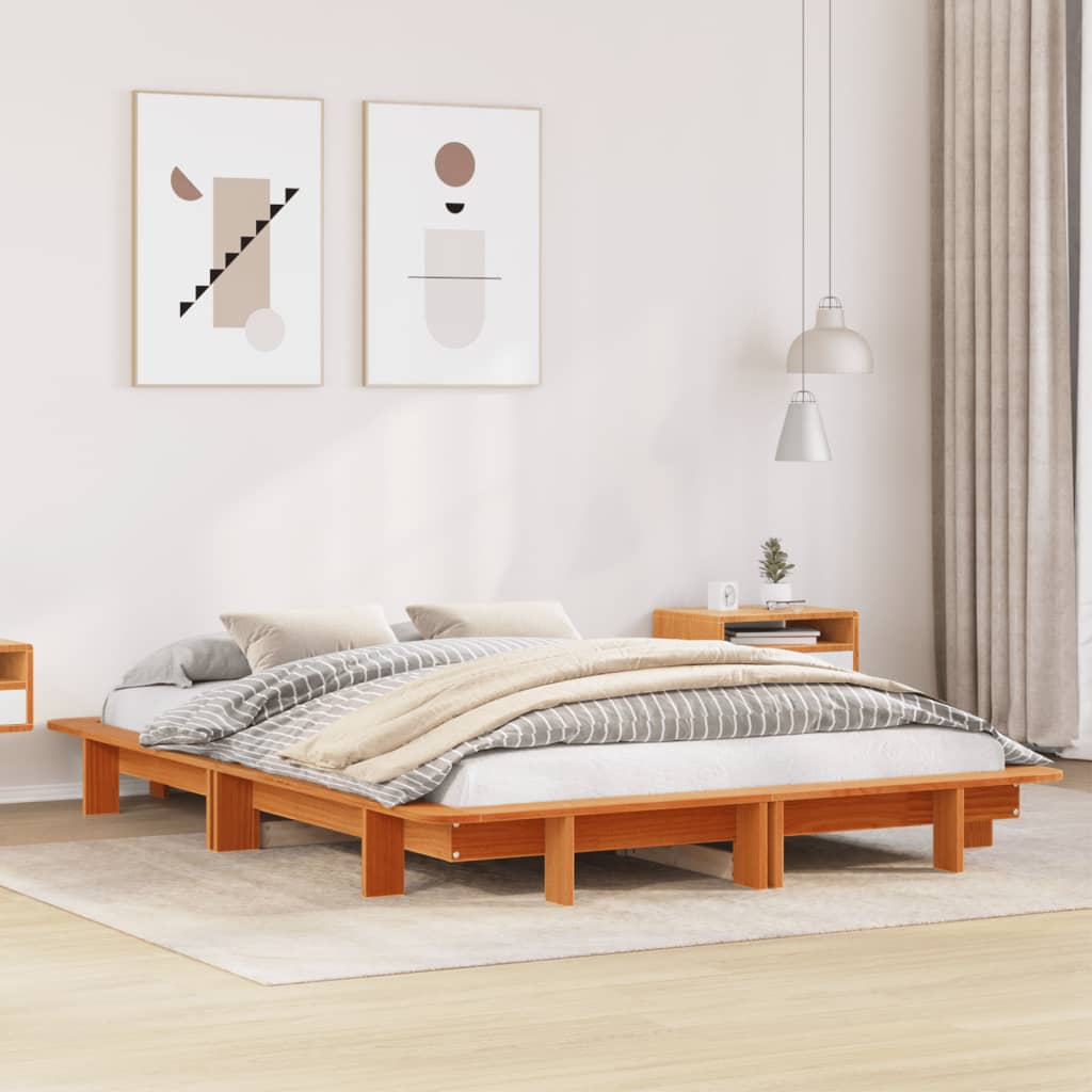 Bed frame without mattress brown wax 140x190cm solid pine wood