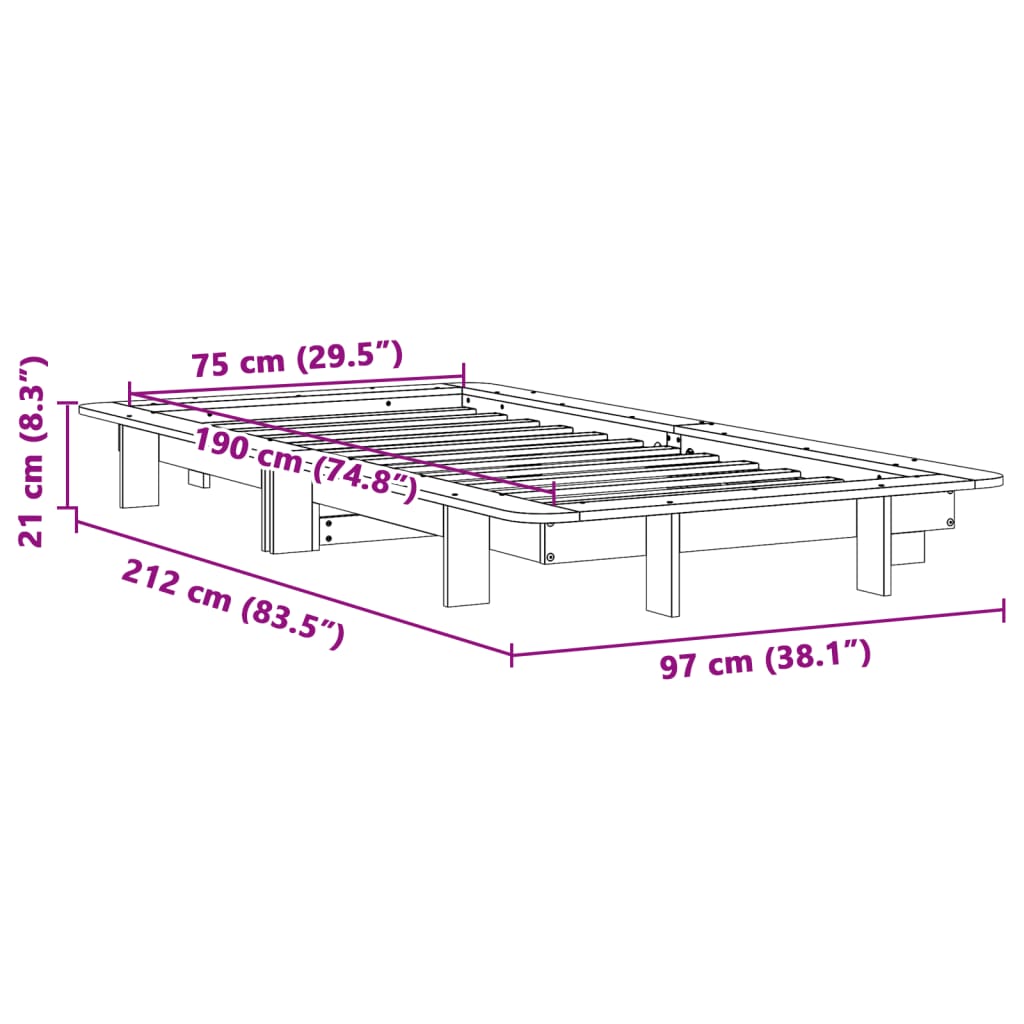 Bed frame without mattress 75x190 cm solid pine wood