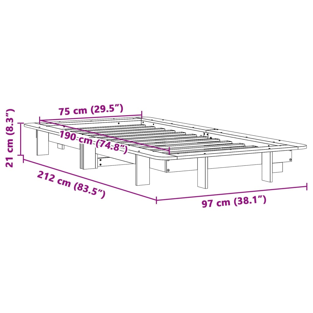 Bettgestell ohne weiße Matratze 75x190 cm aus massivem Kiefernholz