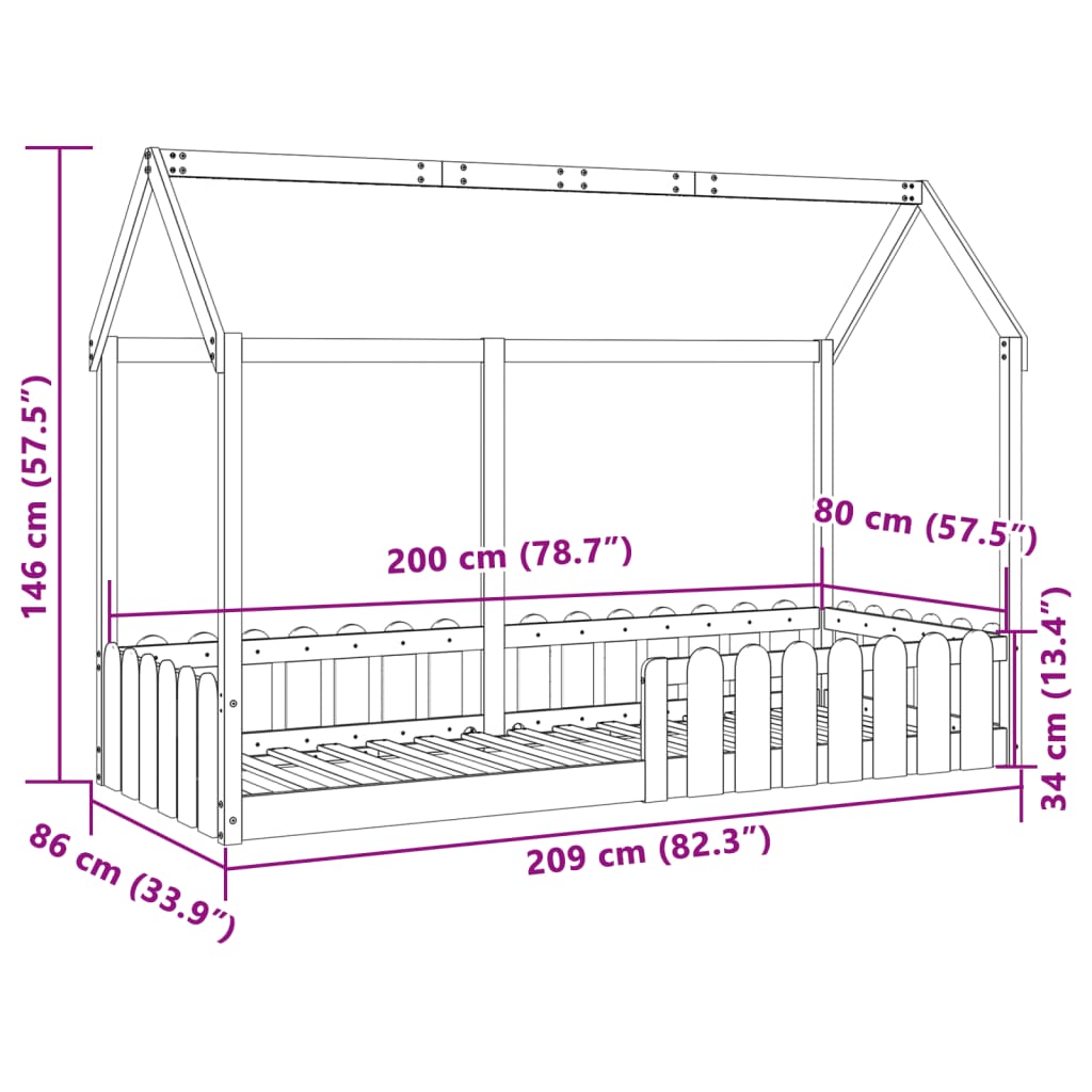 Cadre de lit d'enfants forme de maison sans matelas pin massif