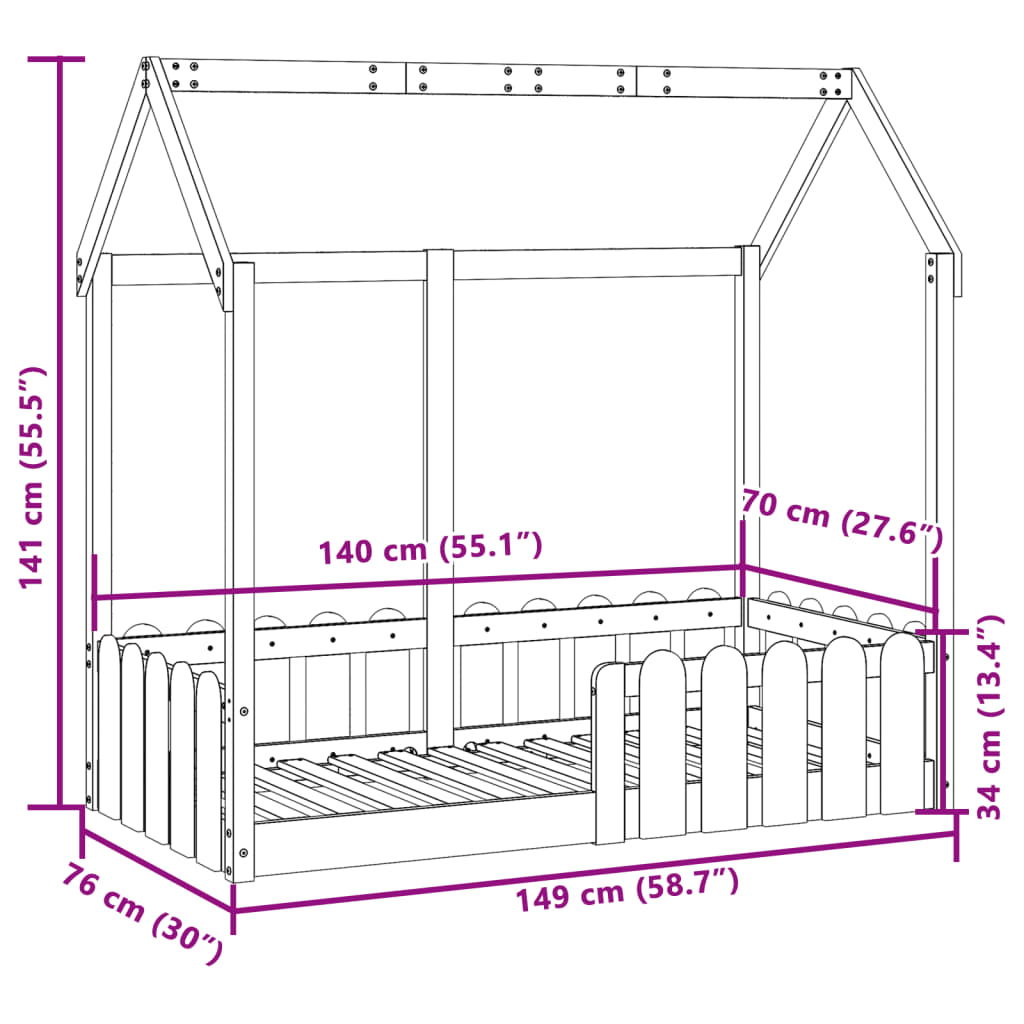 Cadre de lit d'enfants forme de maison sans matelas pin massif