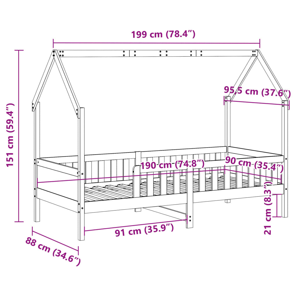 Children's bed frame house shape without mattress pine