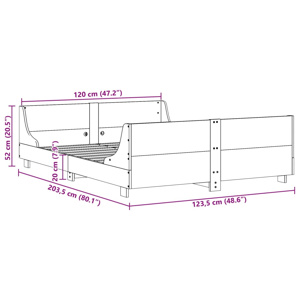 Bettgestell ohne Matratze, braunes Wachs, 120 x 200 cm, massives Kiefernholz