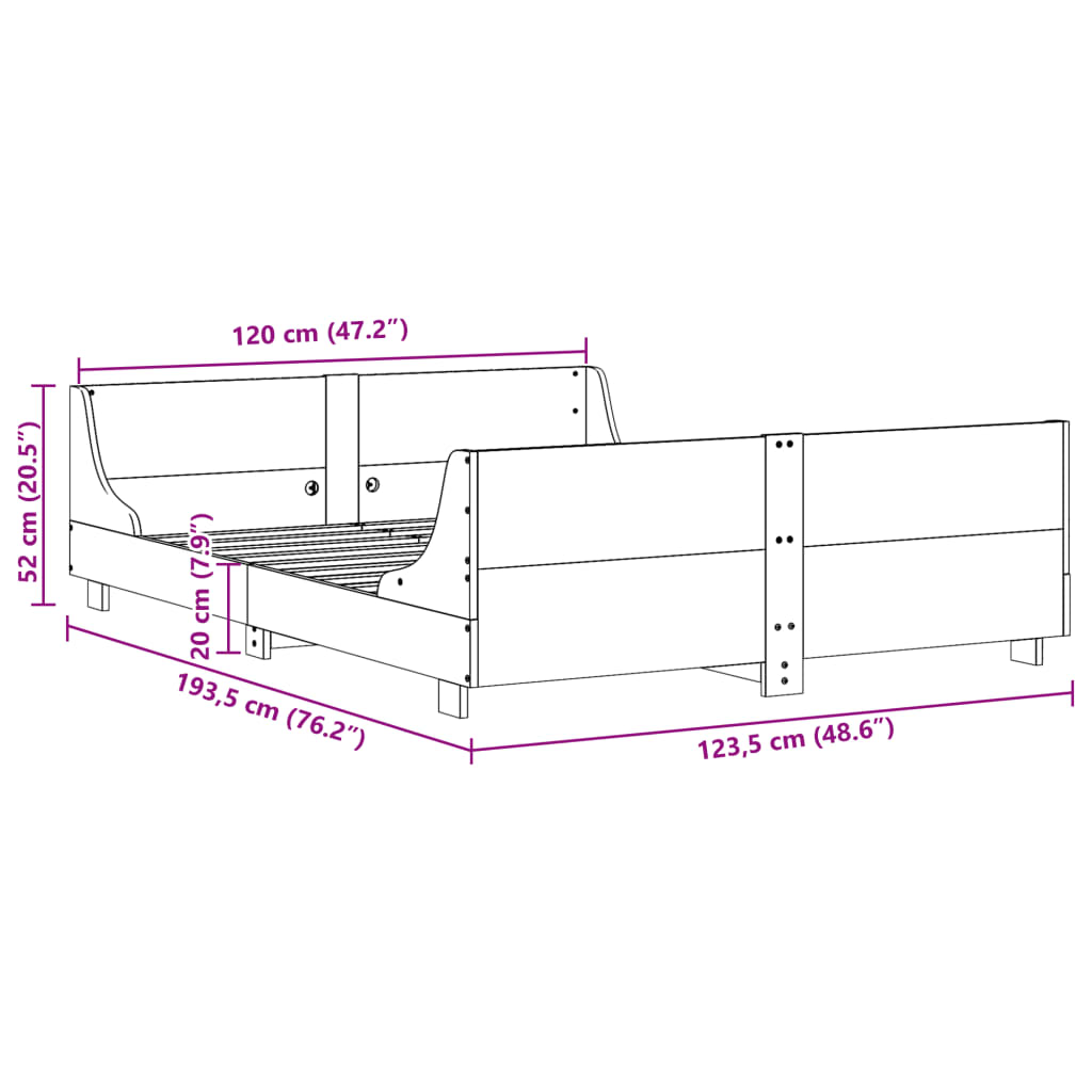 Cadre de lit sans matelas cire marron 120x190cm bois pin massif