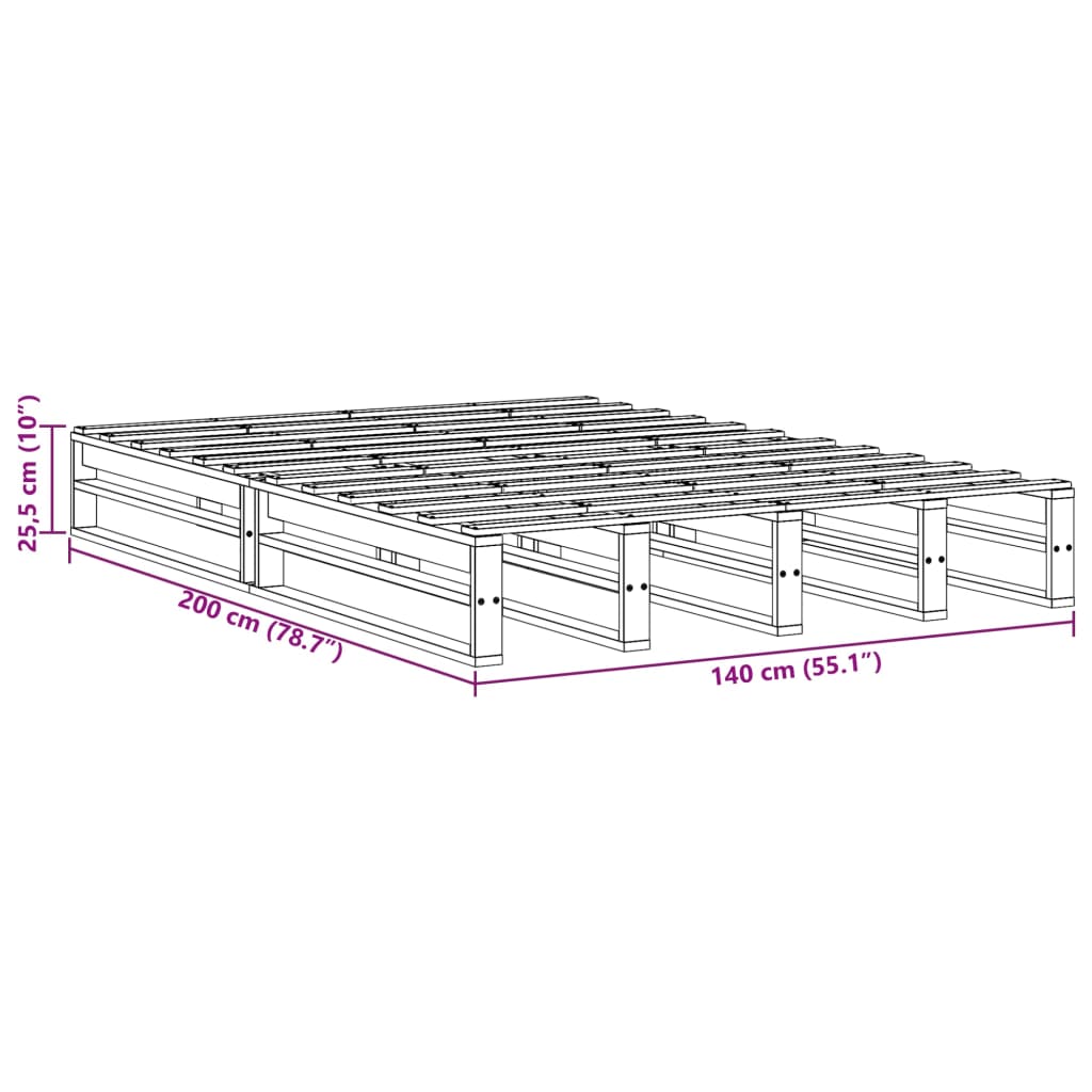 Bettgestell ohne Matratze, braunes Wachs, 140 x 200 cm, massives Kiefernholz