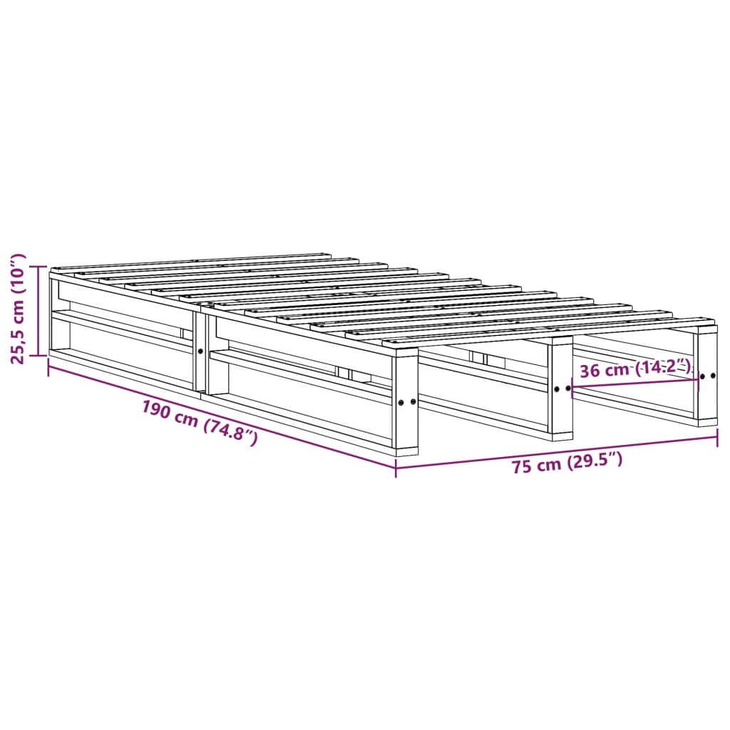 Bettgestell ohne Matratze 75x190 cm aus massivem Kiefernholz