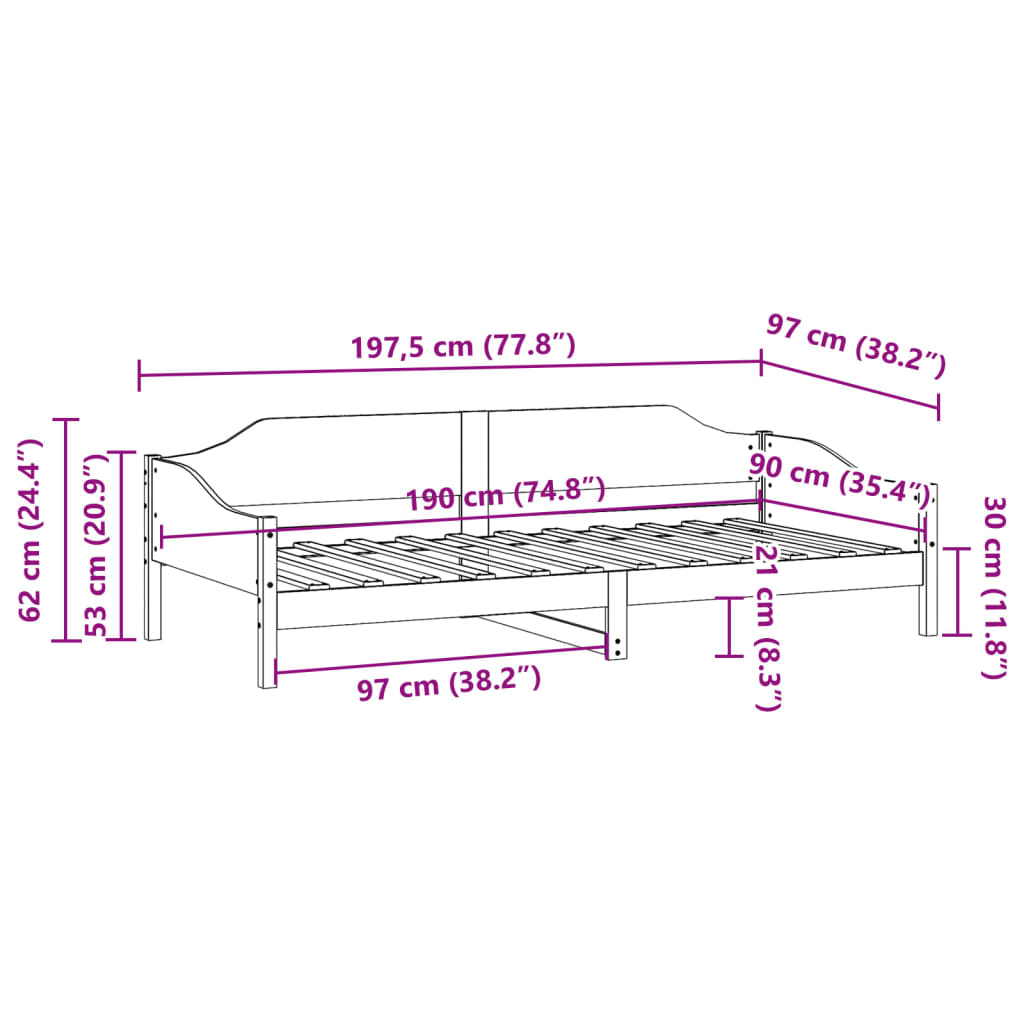 Bettgestell ohne weiße Matratze 90x190 cm aus massivem Kiefernholz