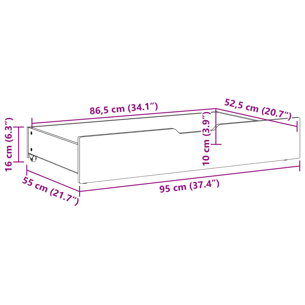 Tiroirs sous le lit avec roulettes 2 pcs 95x55x16 cm pin massif