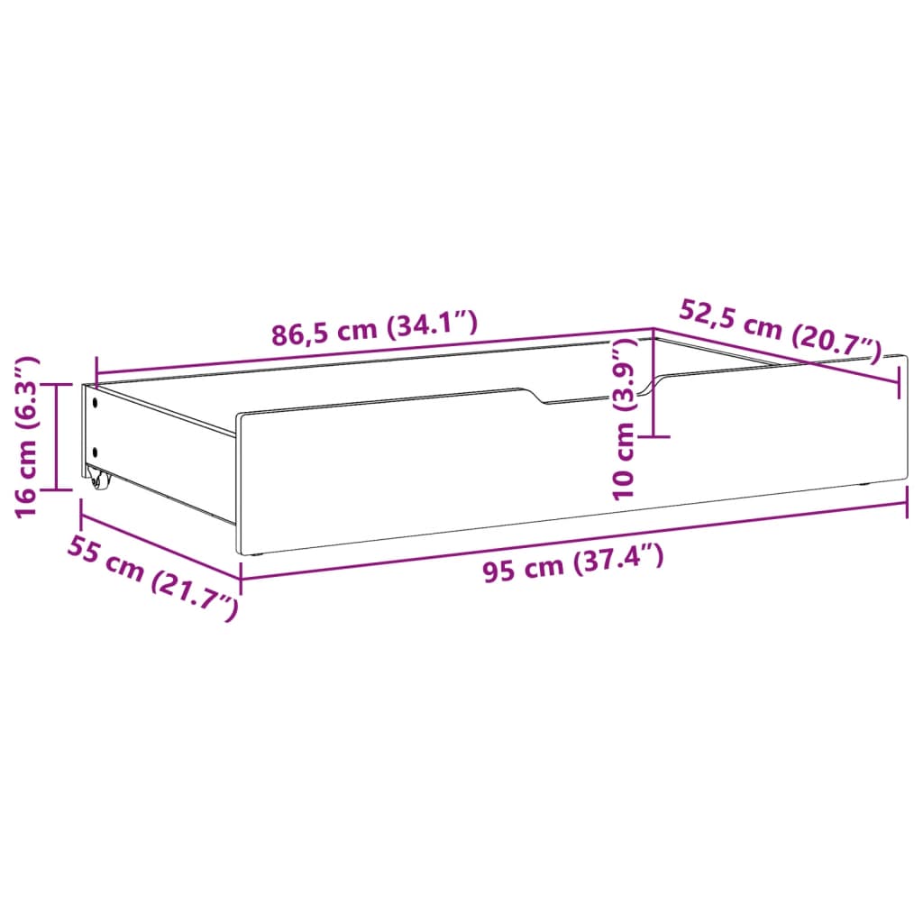 Tiroirs sous le lit 2 pcs brun cire 95x55x16 cm pin massif