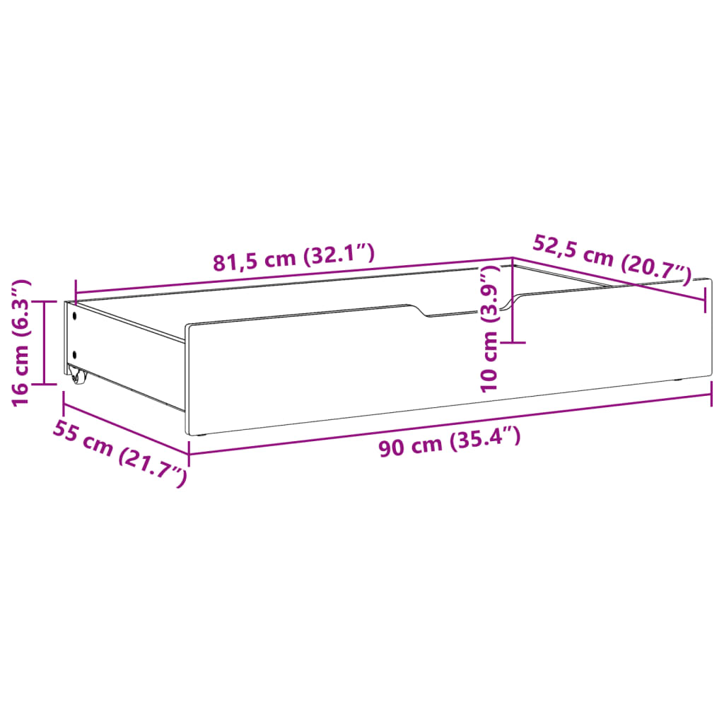 Tiroirs sous le lit avec roulettes 2 pcs 90x55x16 cm pin massif