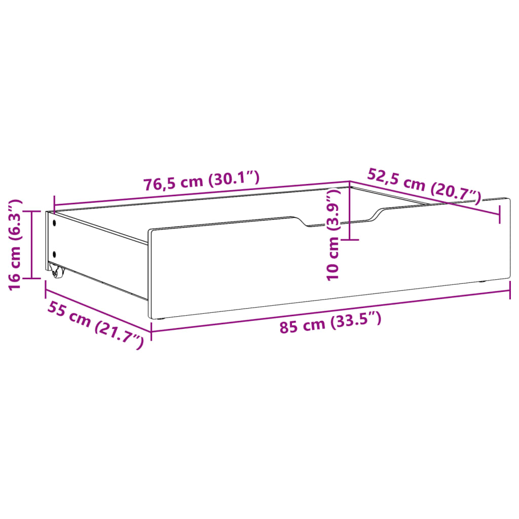 Tiroirs sous le lit avec roulettes 2 pcs 85x55x16 cm pin massif