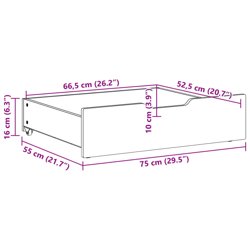 Tiroirs sous le lit 2 pcs blanc 75x55x16 cm bois de pin massif