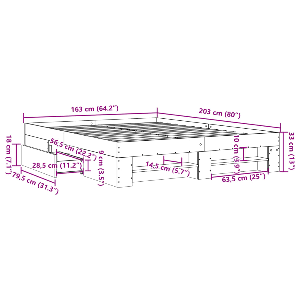 Cadre de lit sans matelas chêne fumé 160x200 cm bois ingénierie