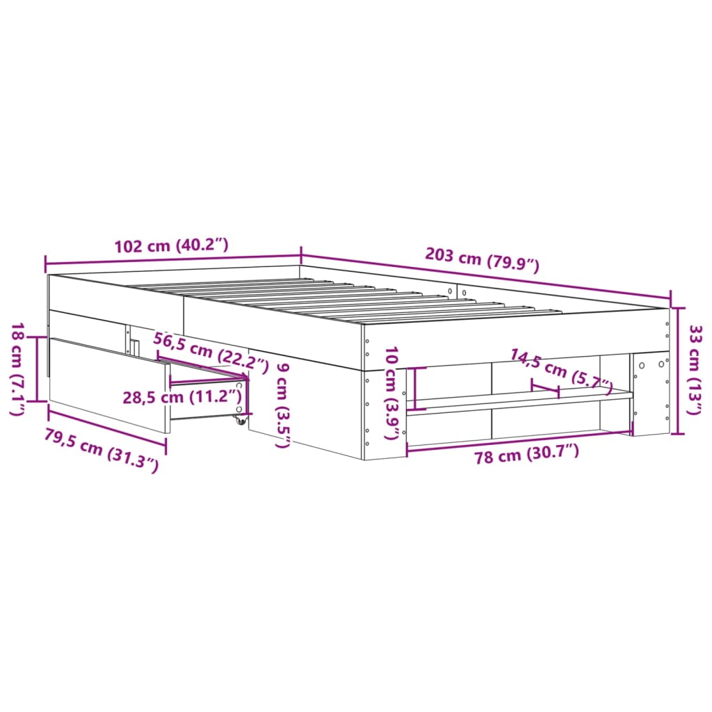 Bettgestell ohne Matratze, braune Eiche, 100 x 200 cm