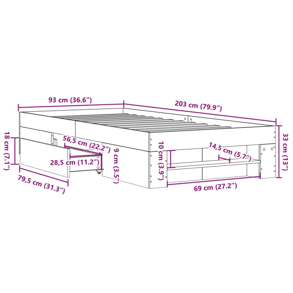 Cadre de lit sans matelas noir 90x200 cm bois d'ingénierie