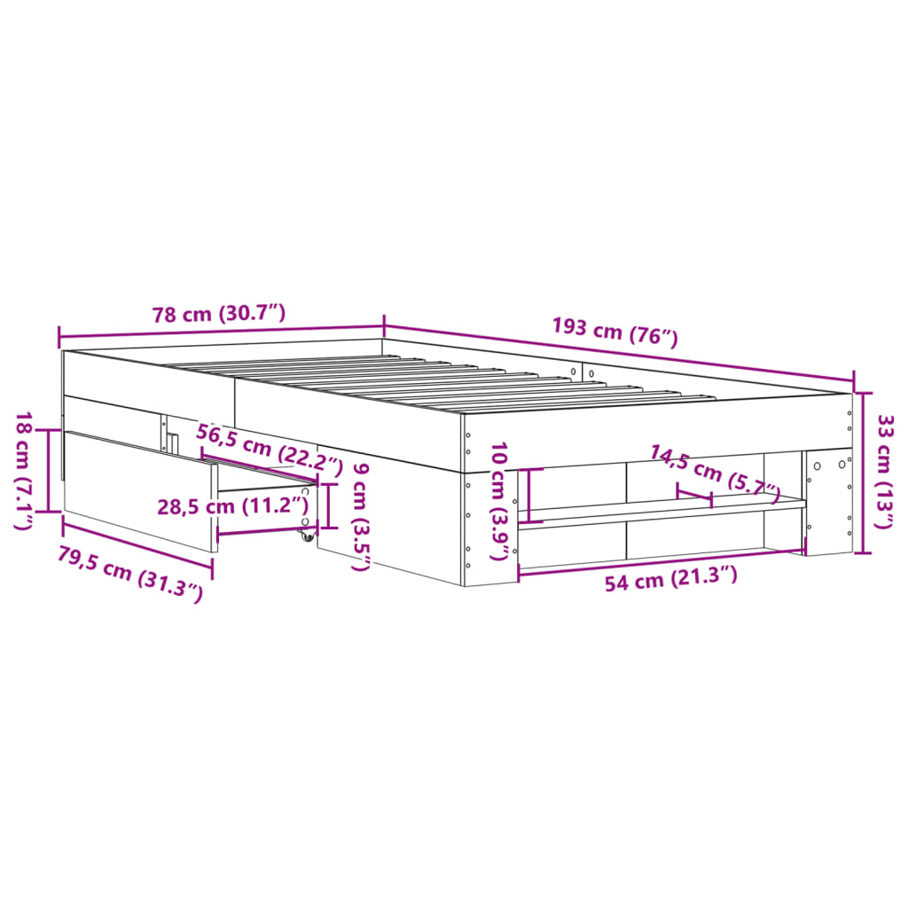 Cadre de lit sans matelas chêne fumé 75x190cm bois d'ingénierie