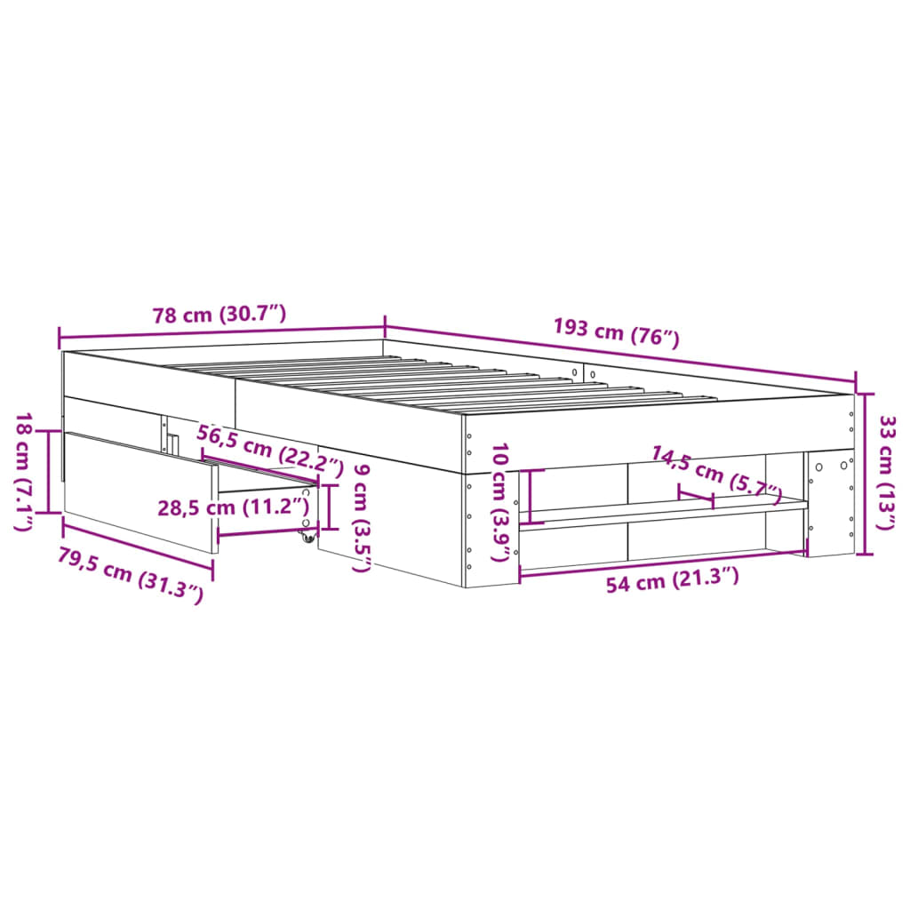 Bettgestell ohne Matratze Sonomagrau 75x190 cm