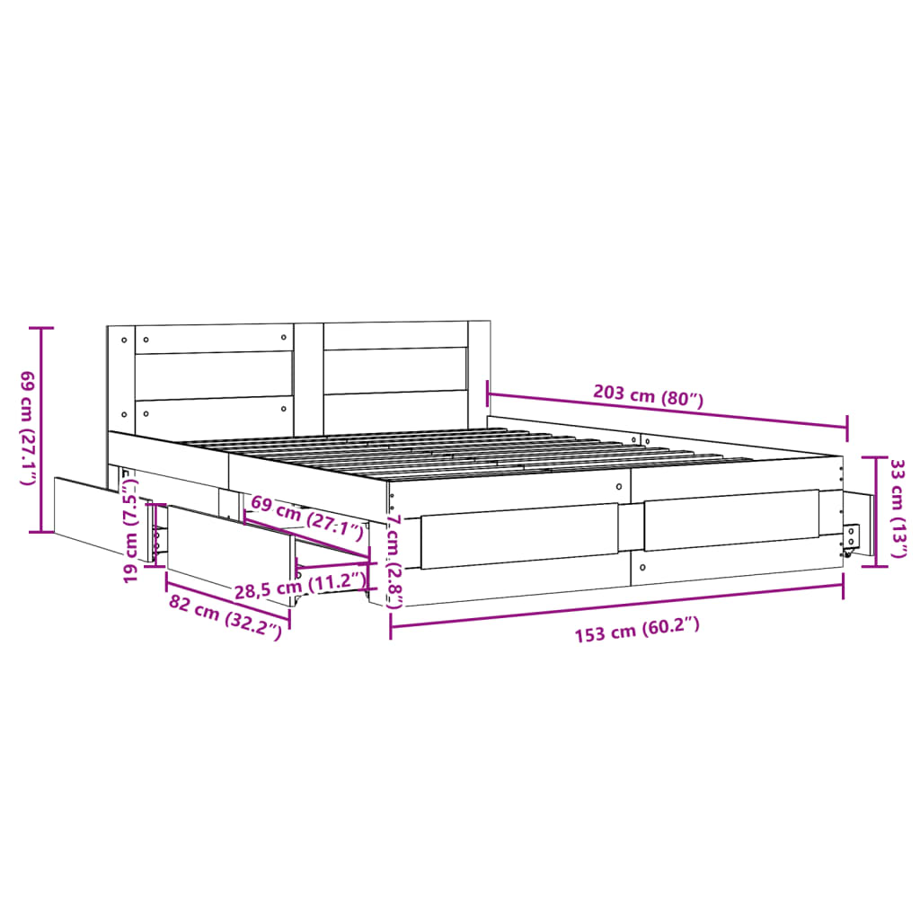 Cadre de lit et tête de lit sans matelas sonoma gris 150x200 cm