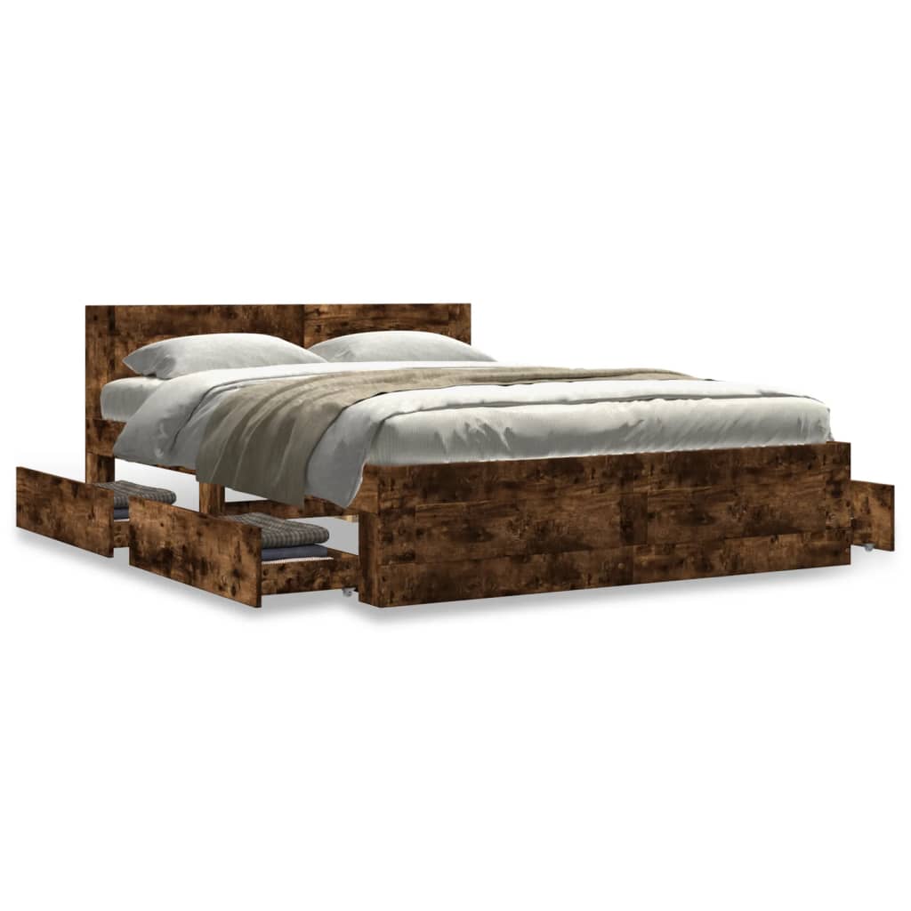 Bed frame and headboard without mattress smoked oak 140x200 cm