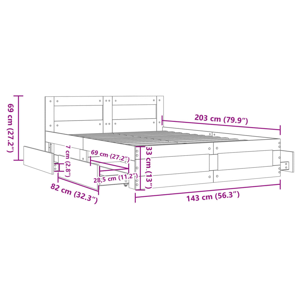 Cadre de lit et tête de lit sans matelas sonoma gris 140x200 cm