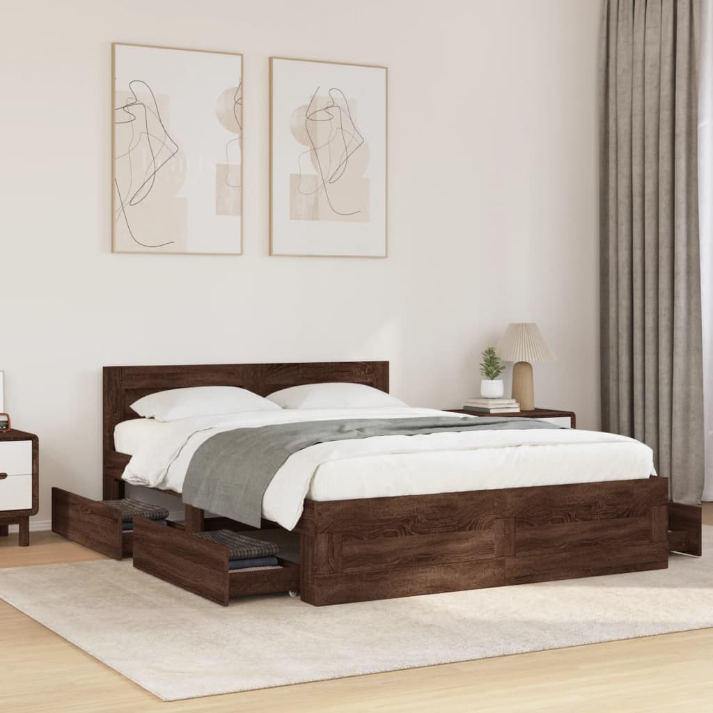 Bed frame and headboard without mattress brown oak 120x200cm