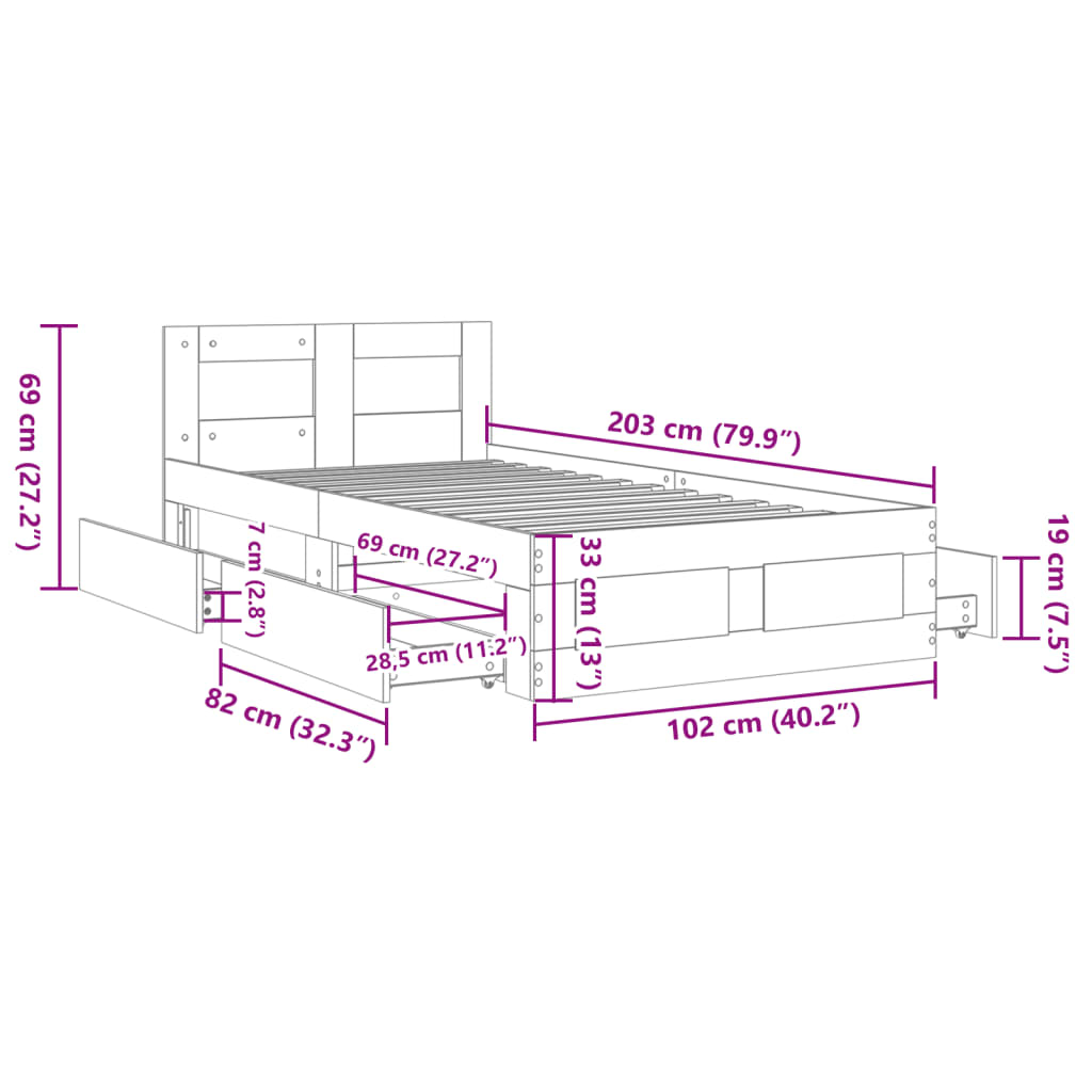 Bed frame and headboard without mattress sonoma oak 100x200cm