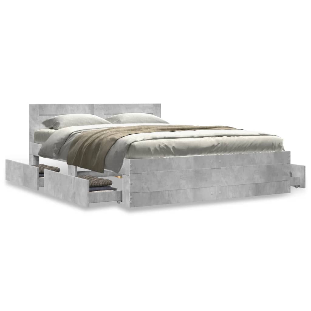 Cadre de lit et tête de lit sans matelas gris béton 135x190 cm