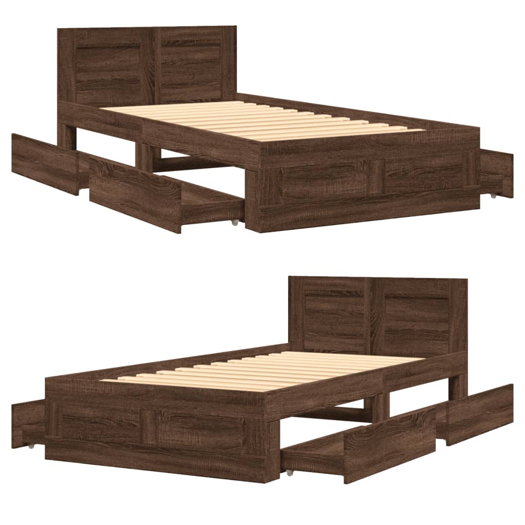 Bed frame and headboard without mattress brown oak 75x190 cm