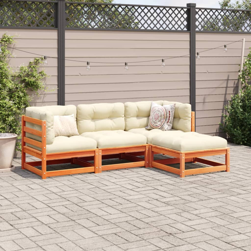 Salon de jardin 4 pcs avec coussins cire marron bois pin massif