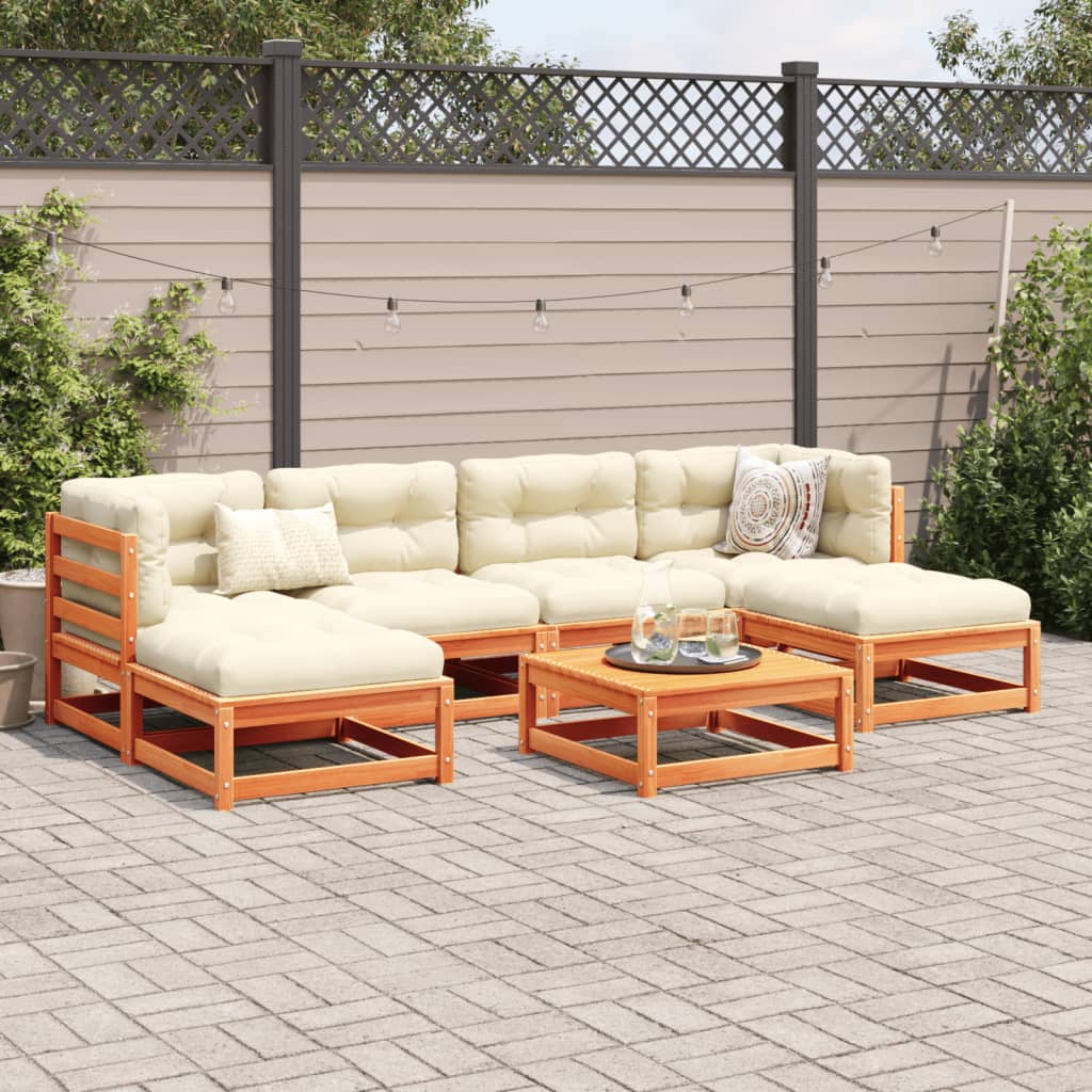 Salon de jardin 7 pcs avec coussins cire marron bois pin massif