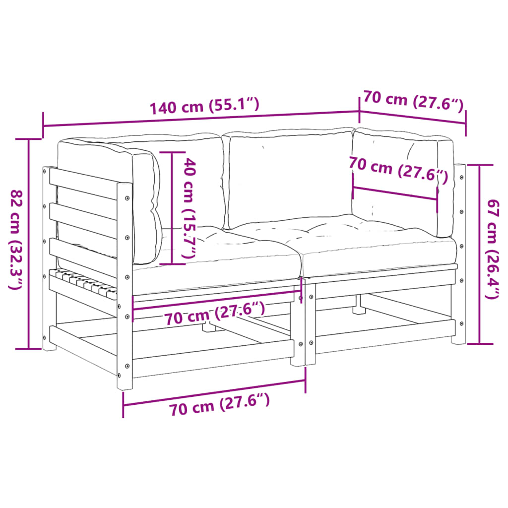 Salon de jardin 2 pcs et coussins bois massif sapin de douglas