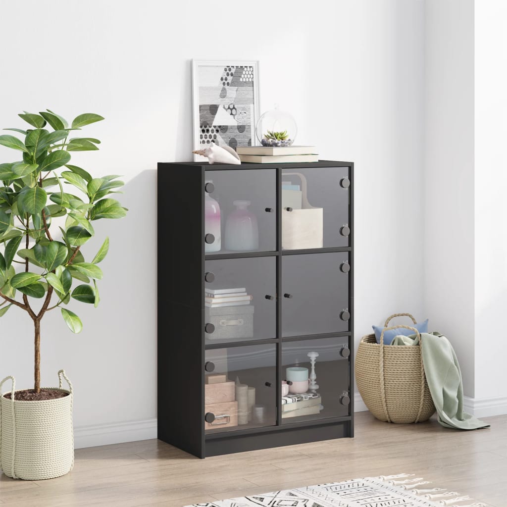 High sideboard with black doors 68x37x109 cm engineered wood