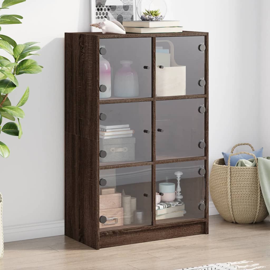 High sideboard with doors in brown oak engineered wood