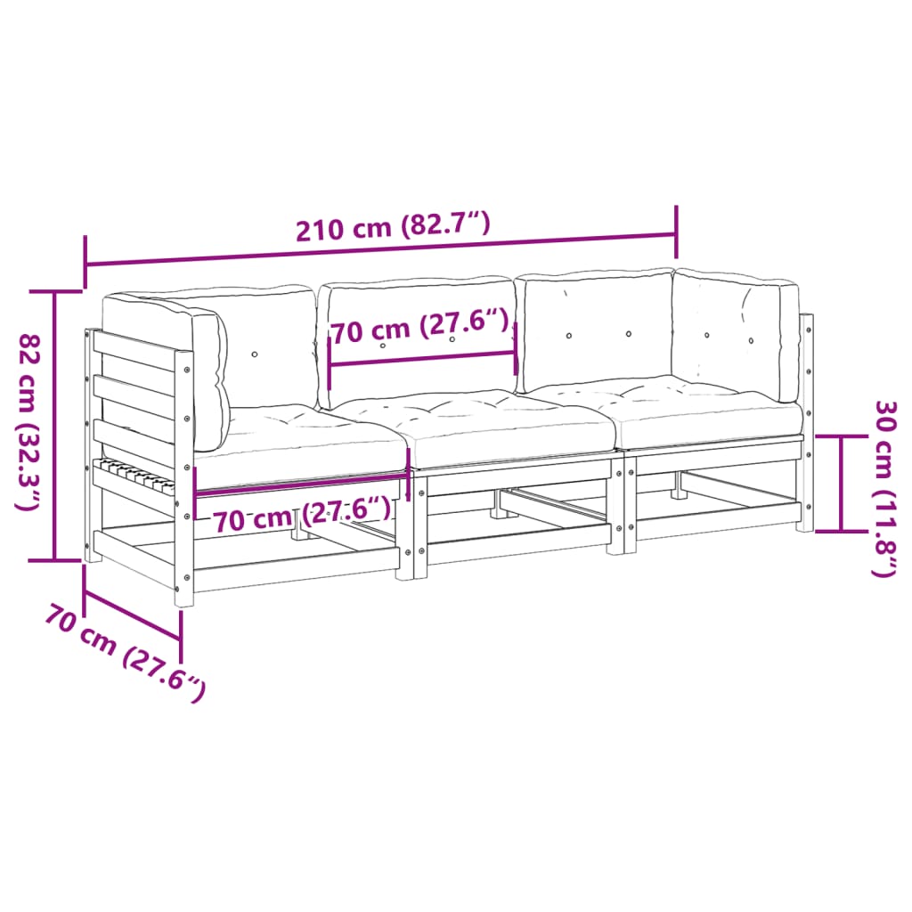 Salon de jardin 3 pcs avec coussins cire marron bois pin massif