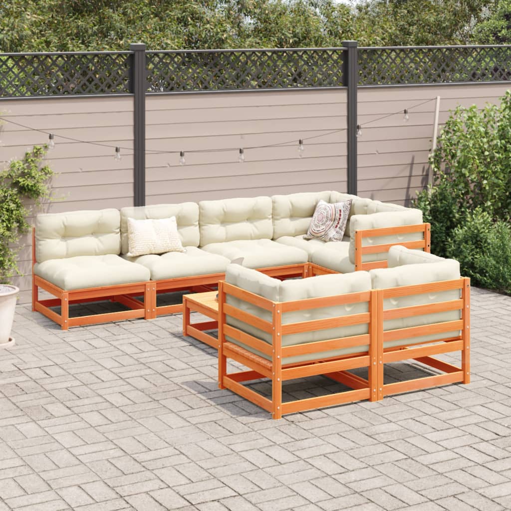 Salon de jardin 8 pcs avec coussins marron cire bois pin massif