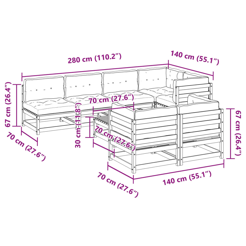 Salon de jardin 8 pcs avec coussins marron cire bois pin massif