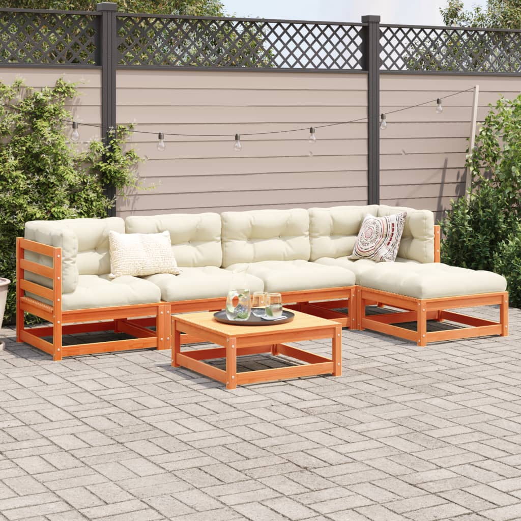 Salon de jardin 6 pcs avec coussins cire marron bois pin massif