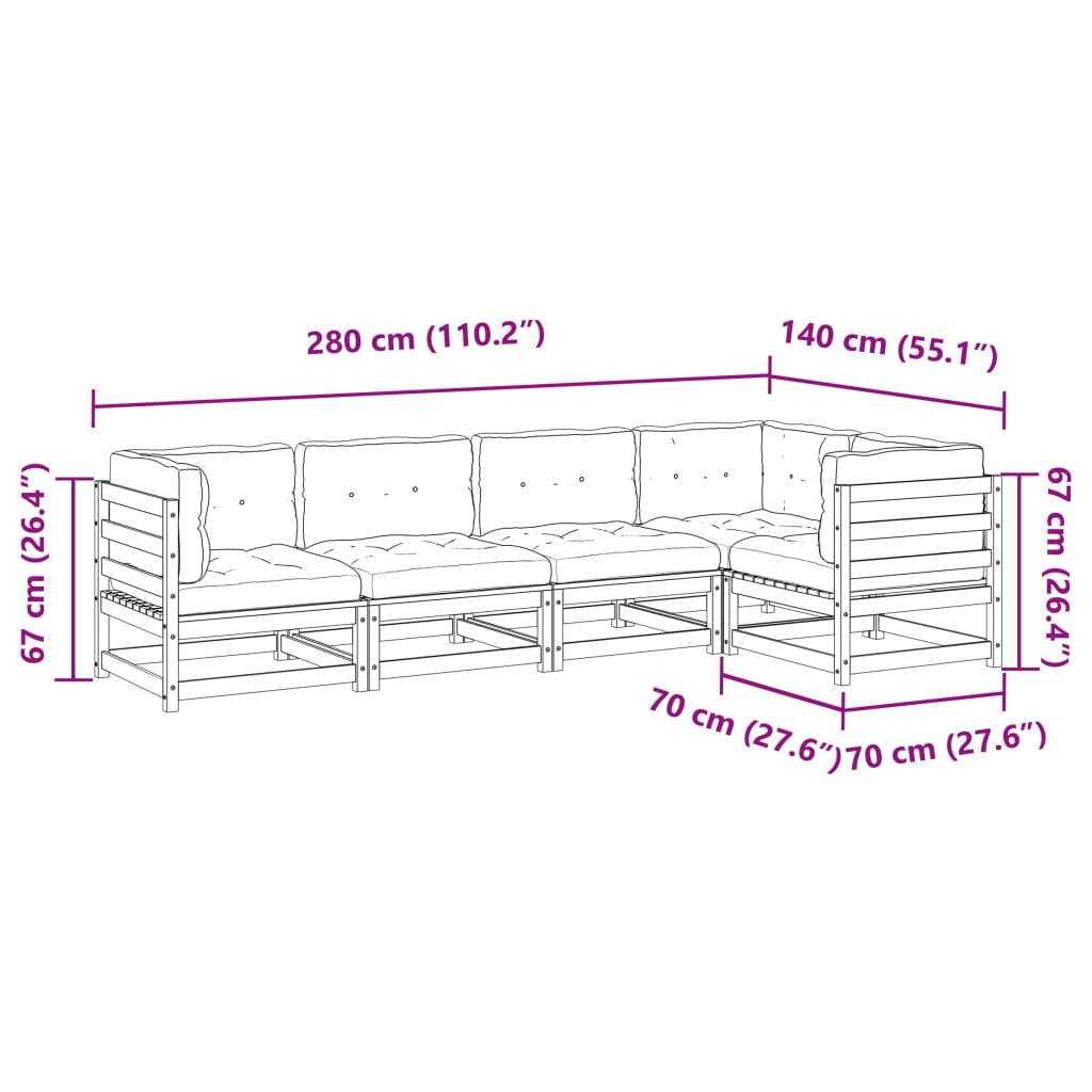 Salon de jardin 5 pcs avec coussins cire marron bois pin massif