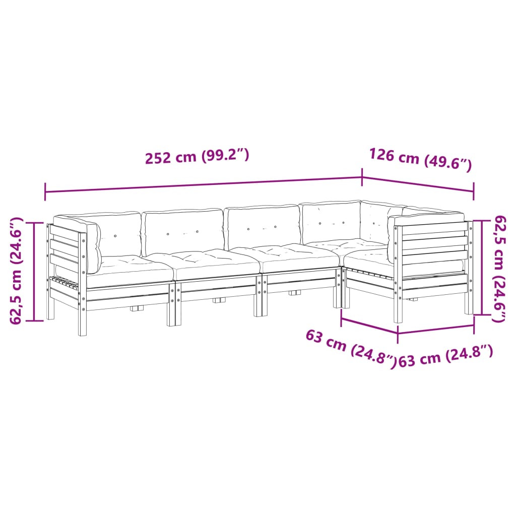 Salon de jardin 5 pcs avec coussins cire marron bois pin massif