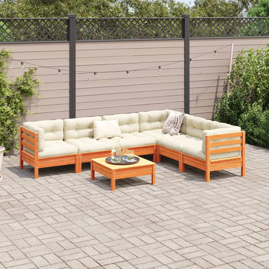 Salon de jardin 7 pcs avec coussins cire marron bois pin massif