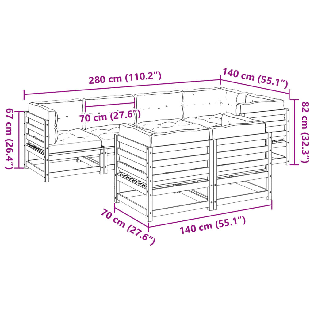 Salon de jardin 7 pcs avec coussins bois de pin massif