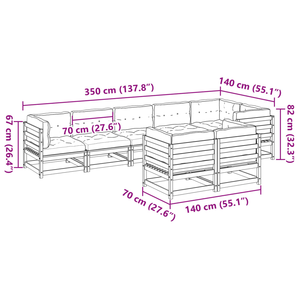 Salon de jardin 8 pcs avec coussins marron cire bois pin massif