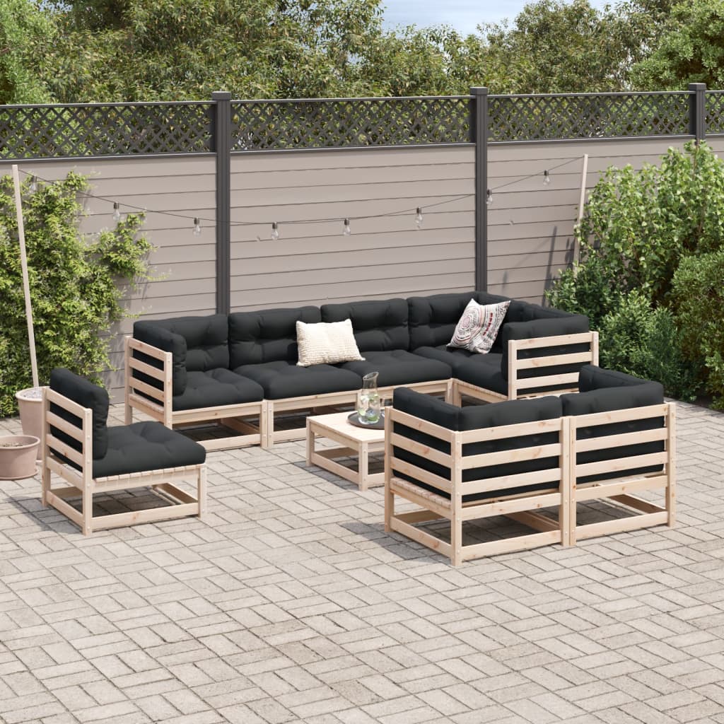 Salon de jardin 9 pcs avec coussins bois de pin massif